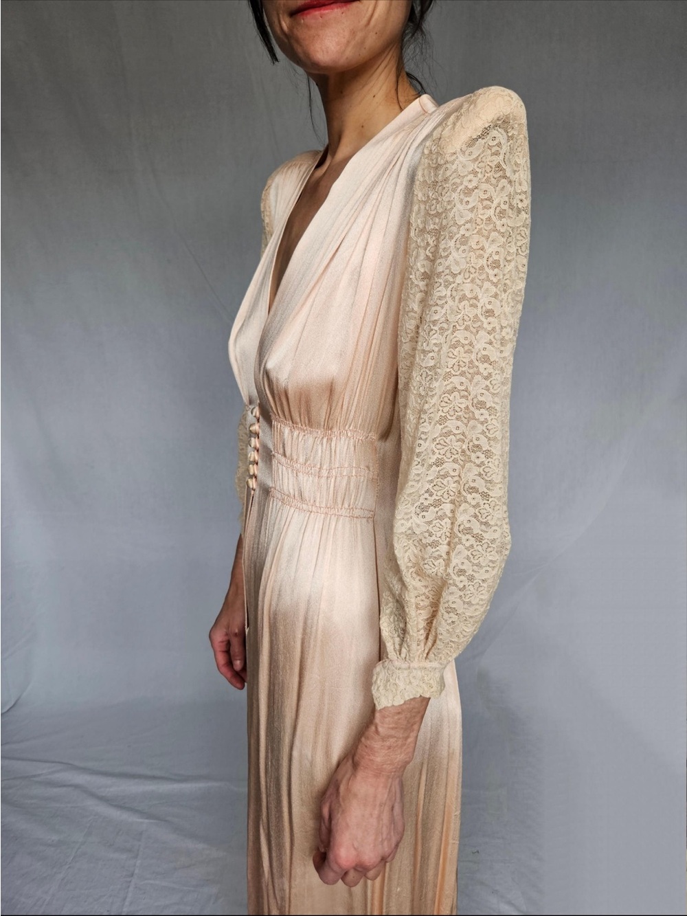 1930’s Elegant Blush Satin and Lace Midi Dress (shoulder pads removed) - Picture 2 of 13